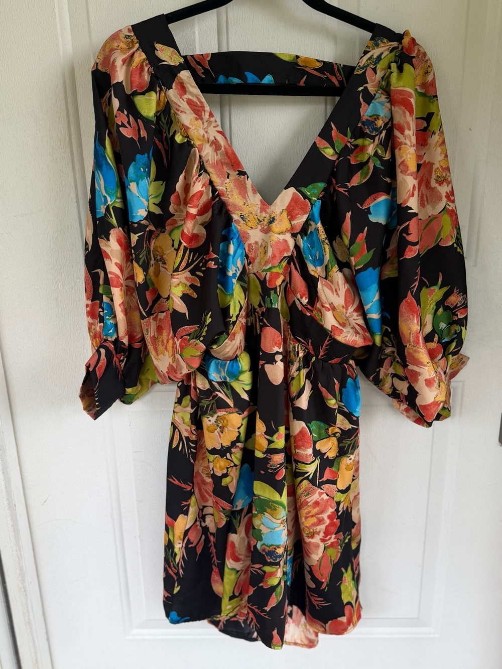 Boohoo Black Multicolor Floral Wrap Mini Dress Balloon Sleeve US 12